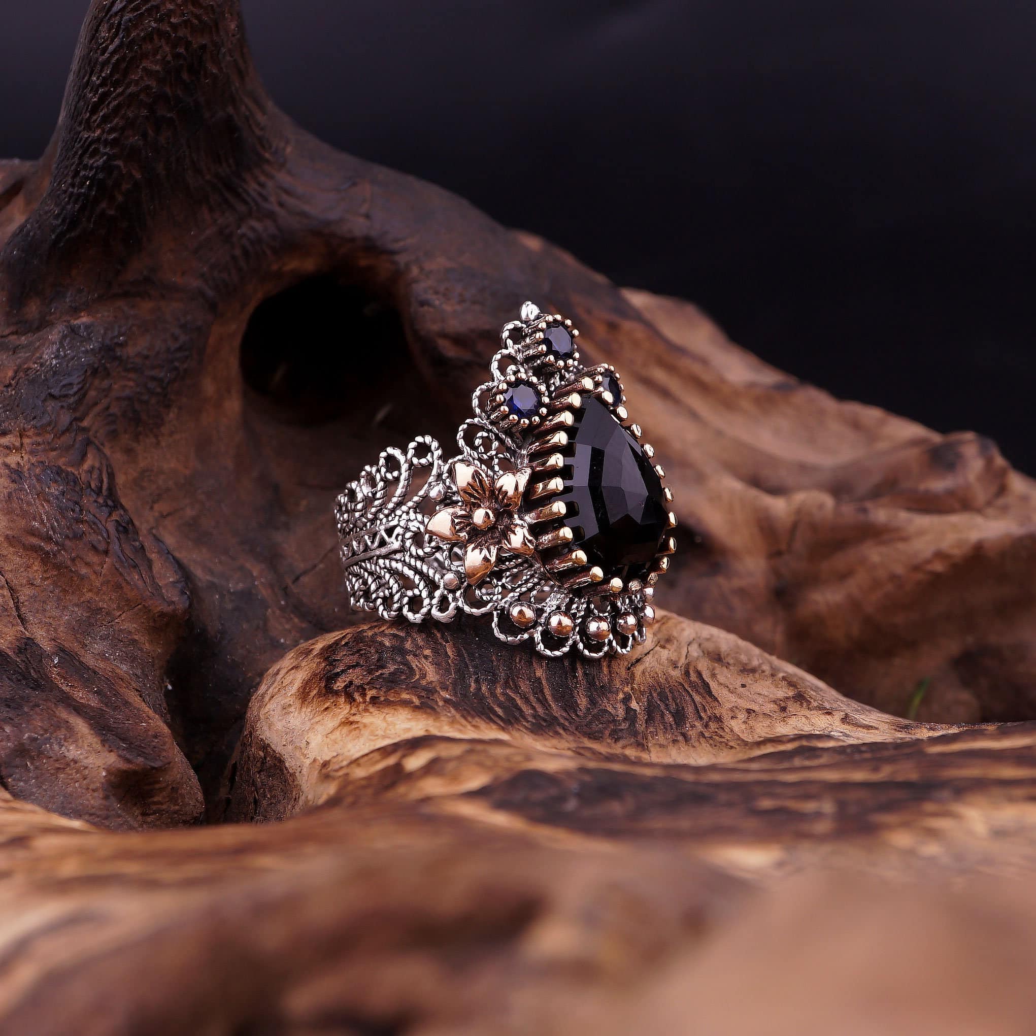 Gothic Black Quartz Coffin Ring Set Witch Black Rutilated Quartz & Blue  Sapphire Gemstone Ring Jewelry 18K White Gold